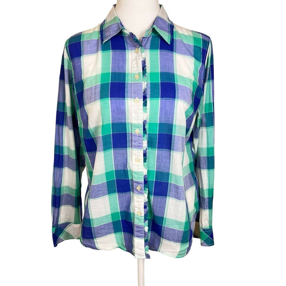 Talbots Spring Plaid Button Down Shirt Ruffle Size Medium Petite EUC
